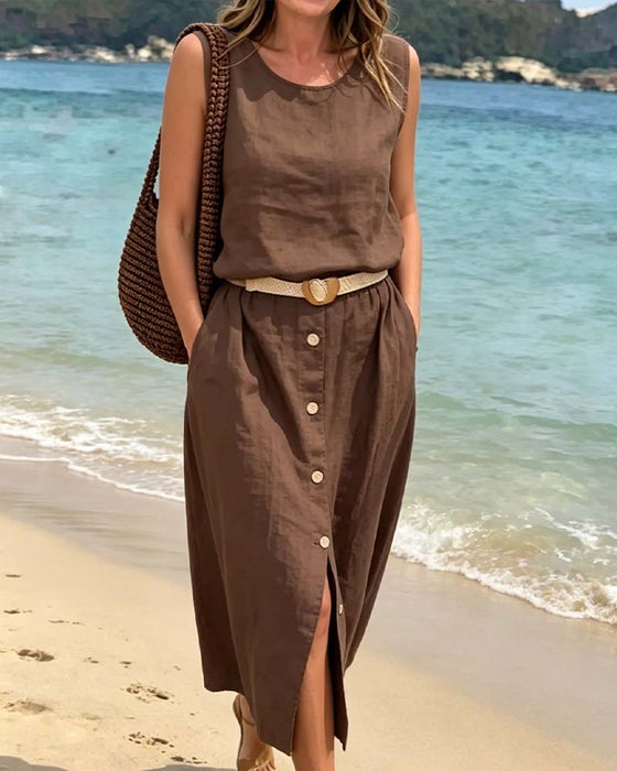 Crew Neck Sleeveless Button Set