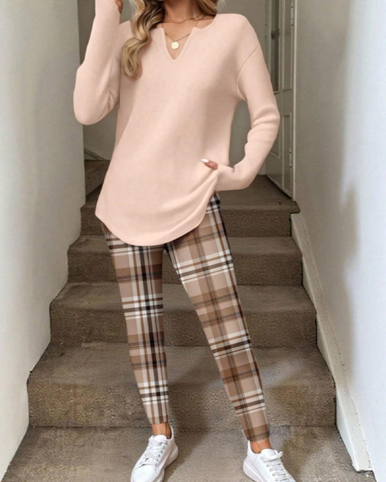 V-Neck Solid Top + Plaid Pants Loungewear Set