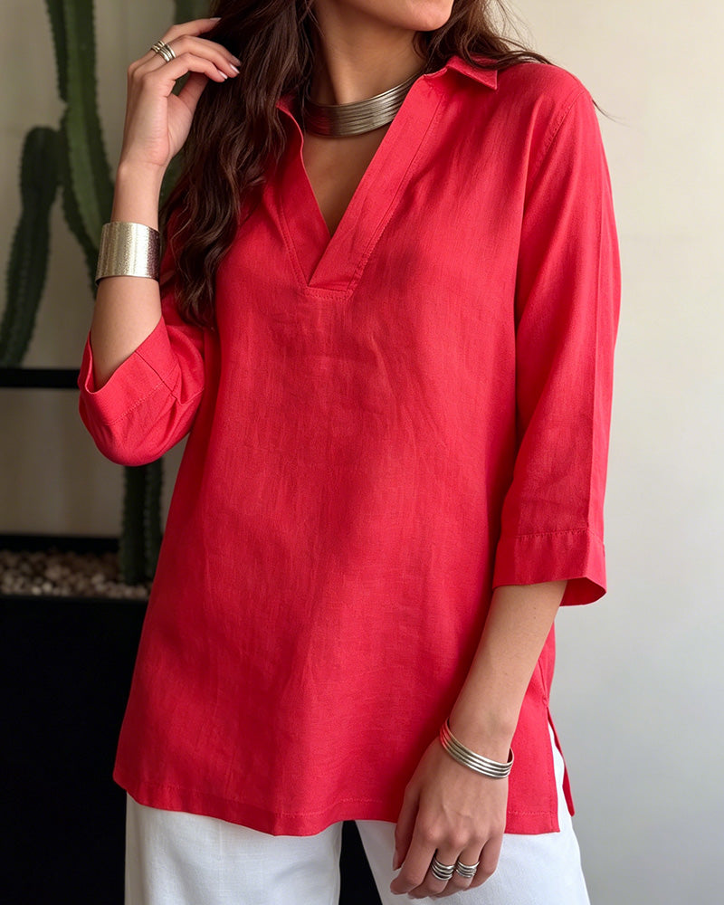 Casual V-Neck Solid Color Blouse