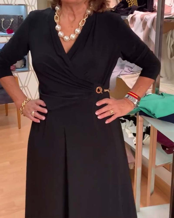 V-Neck Fitted Waist Slit Dress