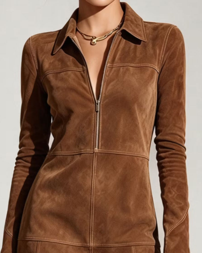 Lapel Zipper Long Sleeve Dress