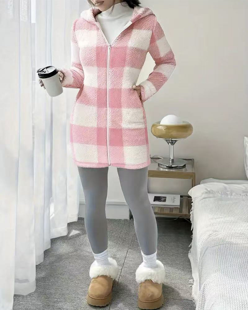 Women's Plaid Fleece Long Sleeve Hooded Coat