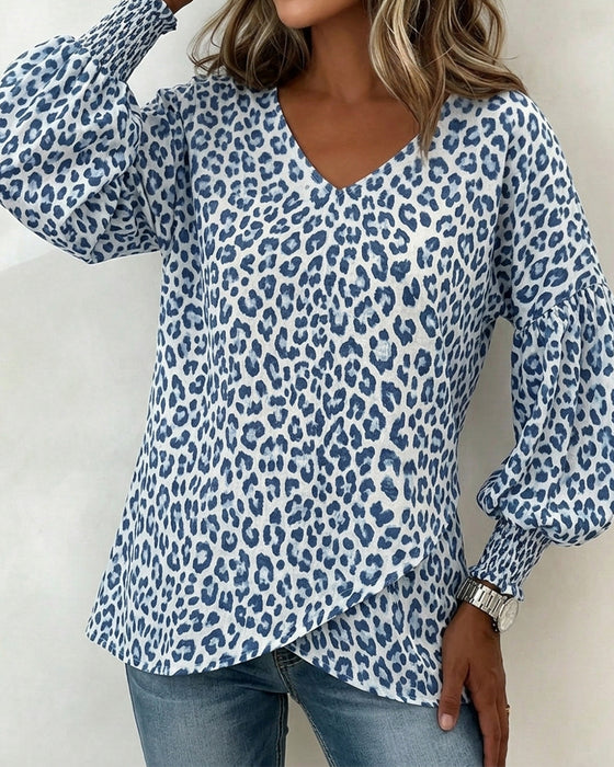 Leopard Lantern-Sleeve V-Neck Top