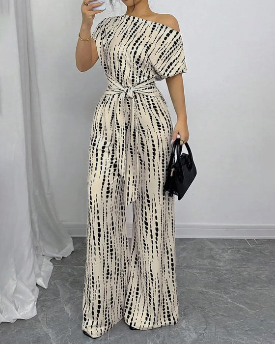 One-Shoulder Tie Wide Leg Jumpsuit