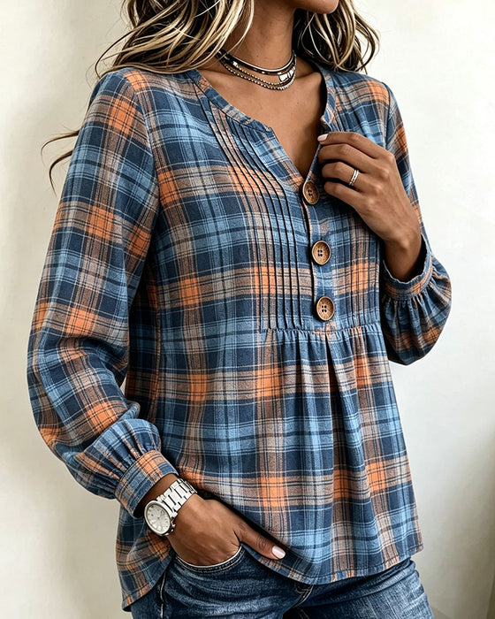 Three-Button Plaid Long-Sleeve Blouse