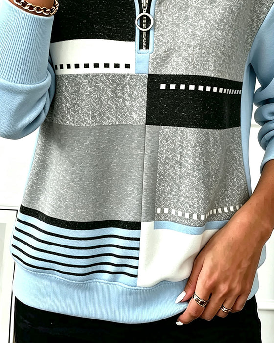 Half Zip Contrast Geometric Print Hoodie