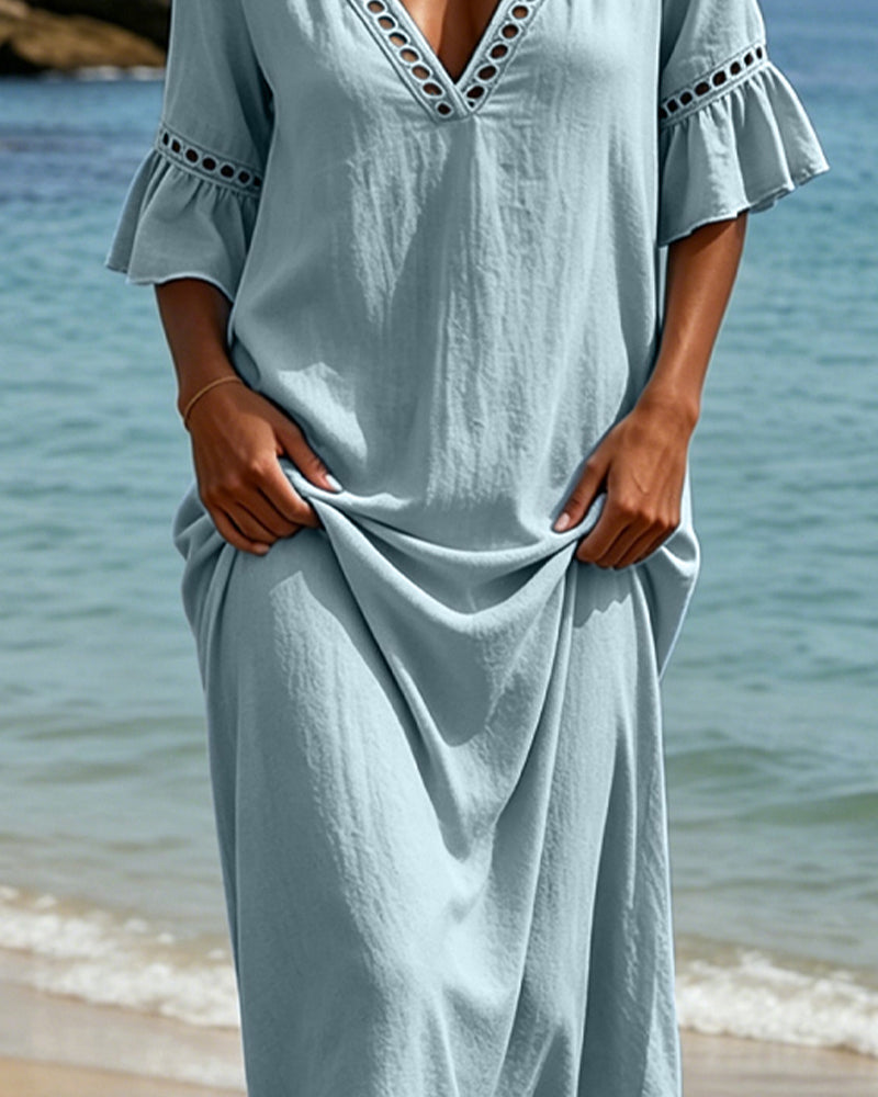 Deep V Ruffle Sleeve Hollow Lace Dress