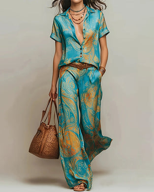 Holiday Short Sleeve Blouse Pocket Two-Piece Set
