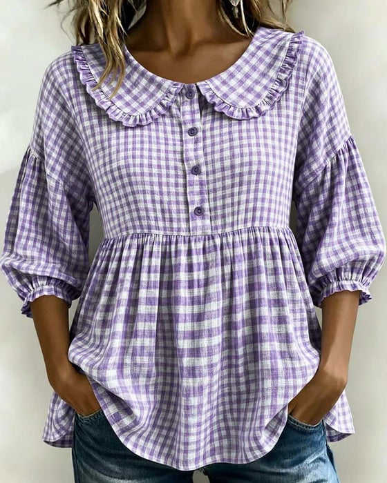 Peter Pan Collar Plaid Waist-Cinching Blouse