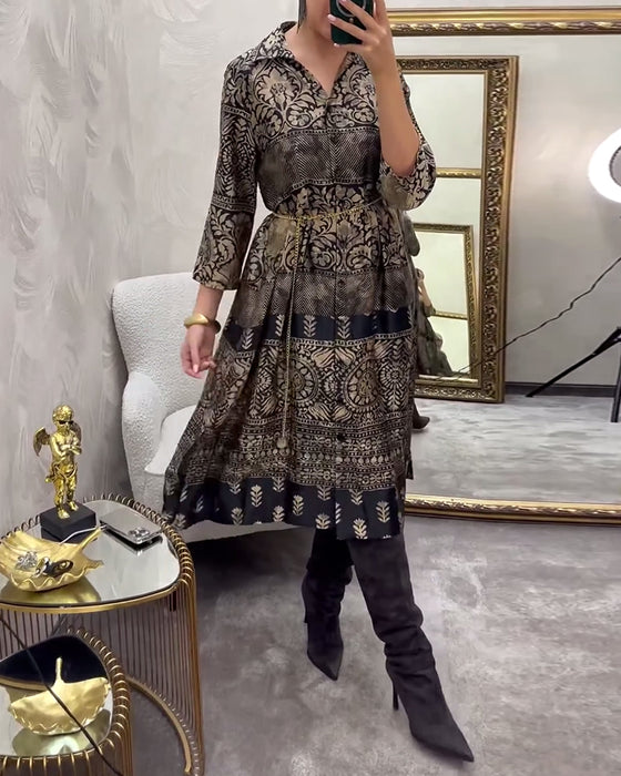 Casual Print Button-Down Pocket Dress