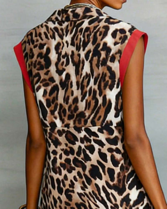 Lapel Leopard Print Contrast Maxi Dress