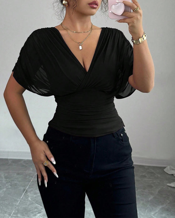 Solid Color Deep V-Nee Waist Short Sleeve Blouse