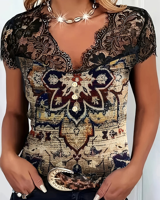 Lace-Trimmed V-Neck Retro Blouse