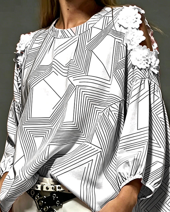 Crew Neck Off-Shoulder Geometric Loose Blouse