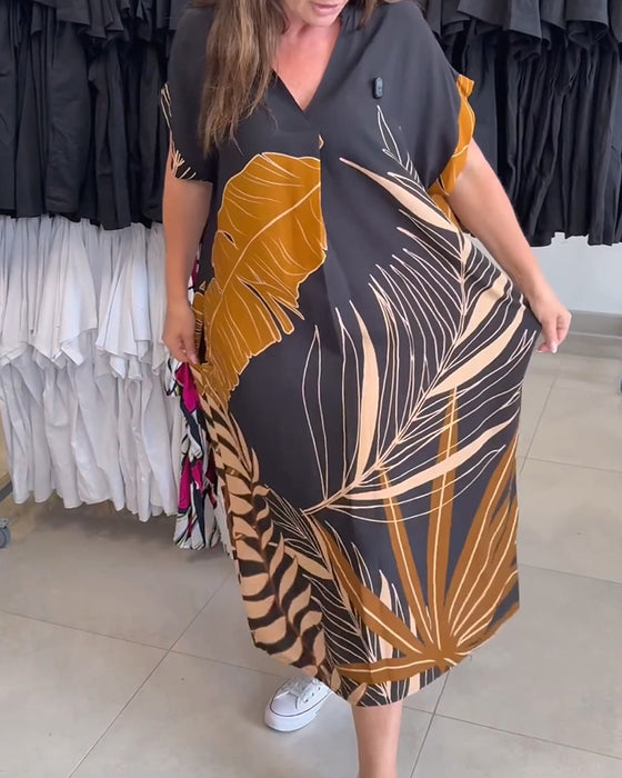 V-Neck Large Leaf Print Loose Dress