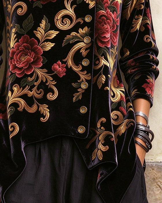 Vintage Floral Turtleneck Bias-Breasted Top