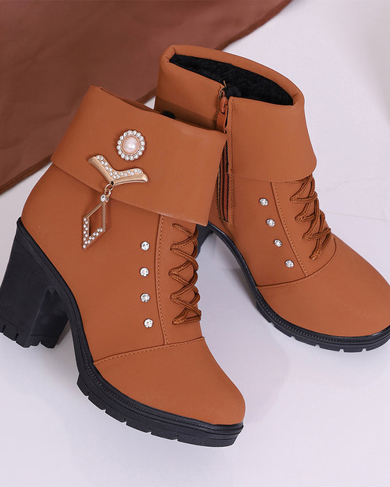 Women's Chunky Heeled Ankle Boots with Rhinestone Decor
