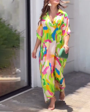 Printed lapel half sleeve casual dress