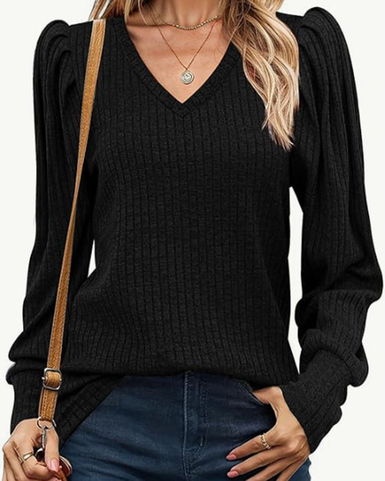V-neck solid color long-sleeved top