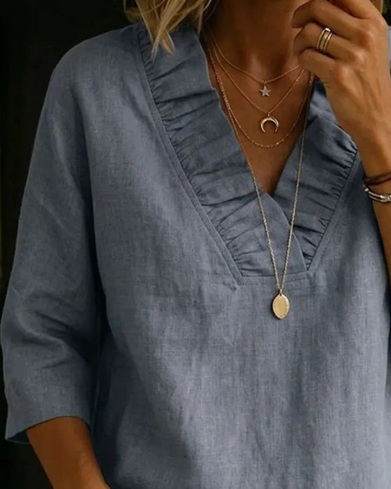 100% Cotton Ruffle V-Neck Three-Quarter Sleeve Blouse