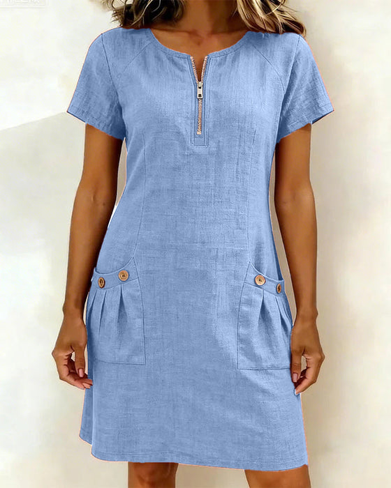 Zipper Pocket Cotton Linen Dress