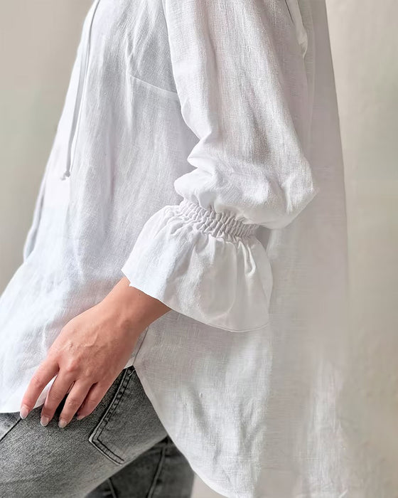 Solid Color Tie-Front Ruffle Sleeve Shirt