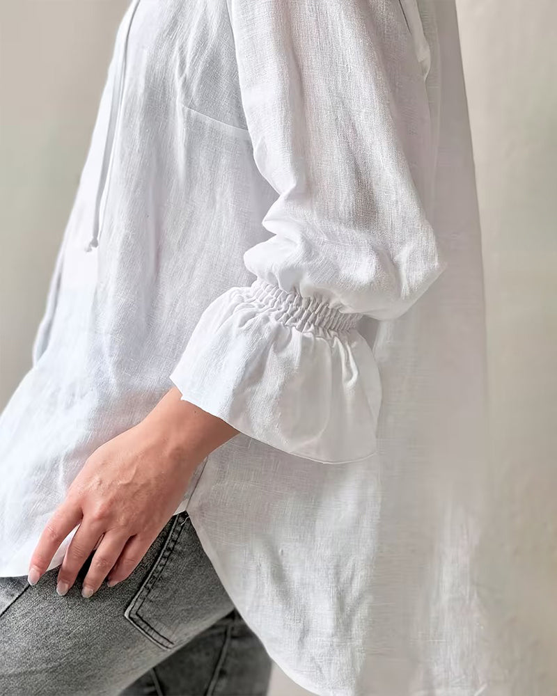 Solid Color Tie-Front Ruffle Sleeve Shirt