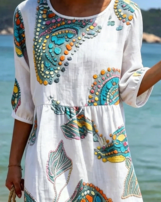 Print Round Neck Shirred Casual Dress