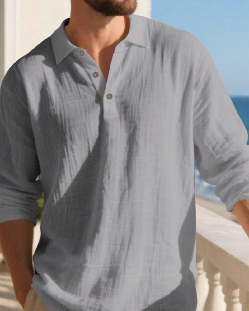 Men's Lightweight Loose Linen Long Sleeve Polo Shirt