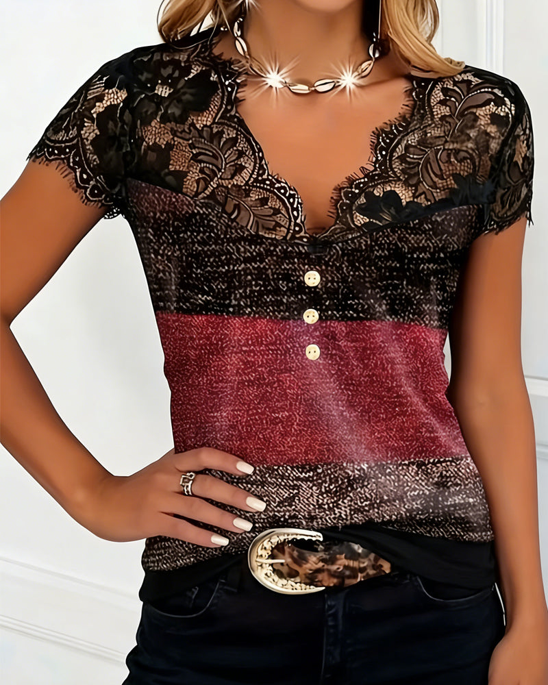 V-Neck Lace Patchwork Contrast Color T-Shirt
