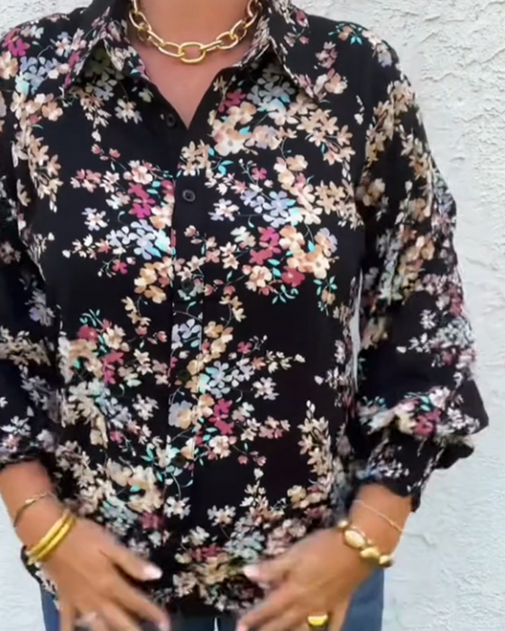 Retro Button and Floral Prints Blouse