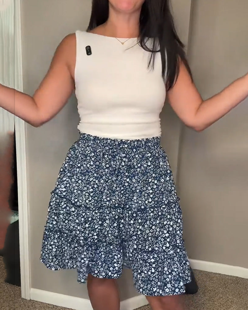 Elastic Ruffle Double-Layer Tiered Skirt