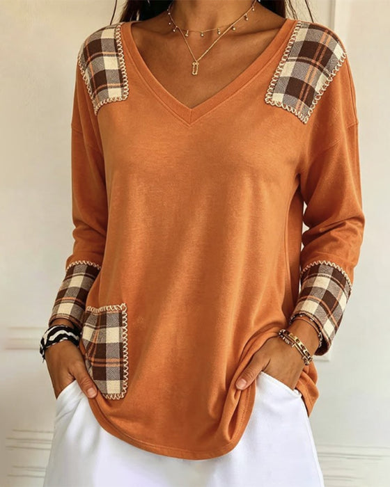 Plaid Patchwork V-Neck Casual Top