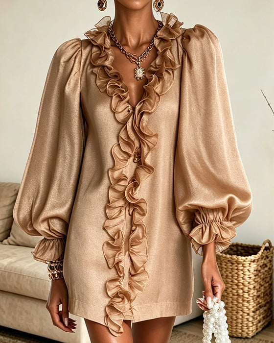 Puff-Sleeve Ruffle-Trim V-Neck Dress