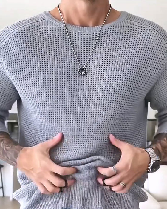 Men's Crew Neck Waffle Long-Sleeve Pullover