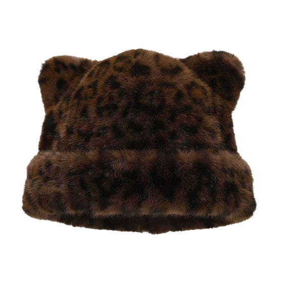 Leopard Print Plush Cat Ear Hat
