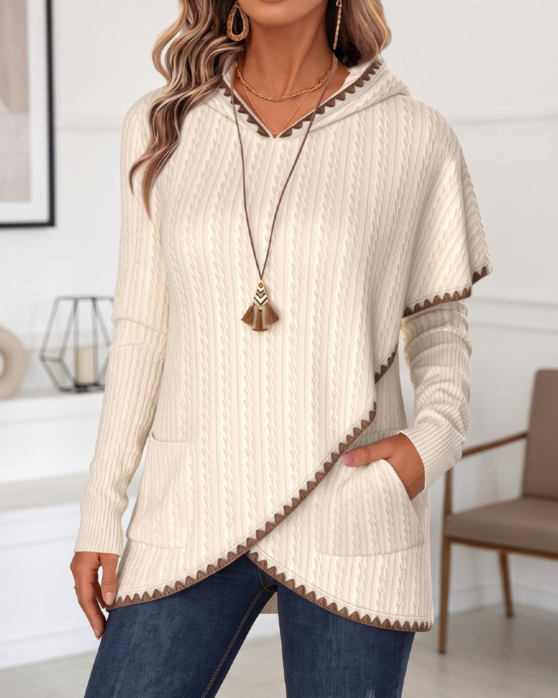 Asymmetrical Color-Blocking Hooded Knit Top