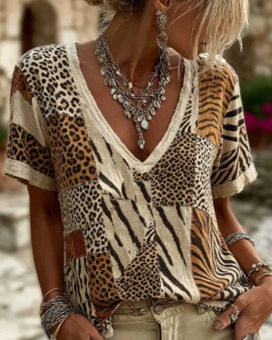 Animal Print Patchwork V-Neck Short Sleeve T-Shirt