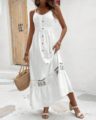 Spaghetti Strap Button Cutout V-Neck Dress