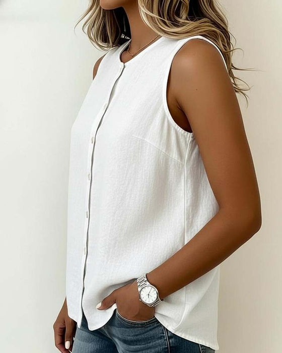 Round Neck Single-Breasted Sleeveless Blouse
