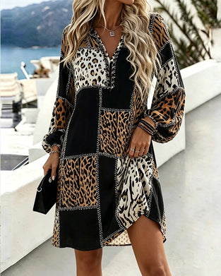 V-Neck Leopard Print Puff Sleeve Contrast Dress