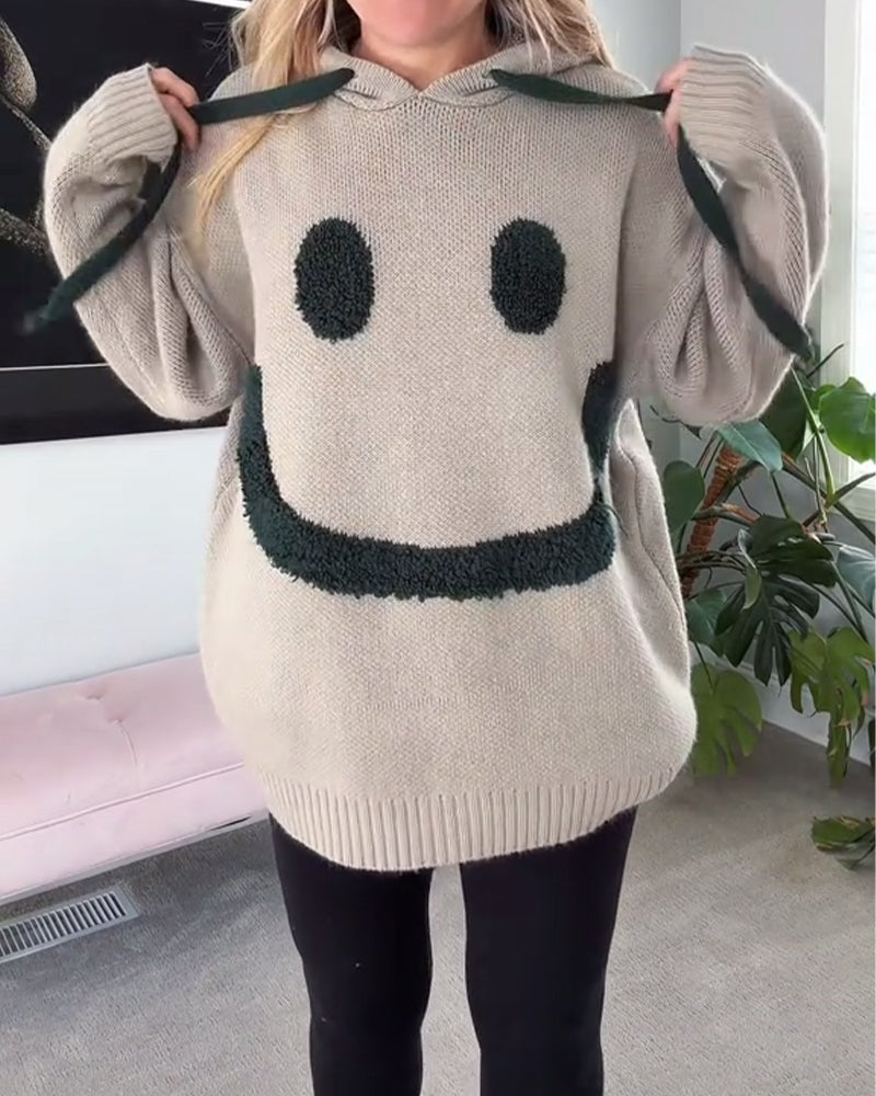 Smiley Face Loose Hooded Sweater