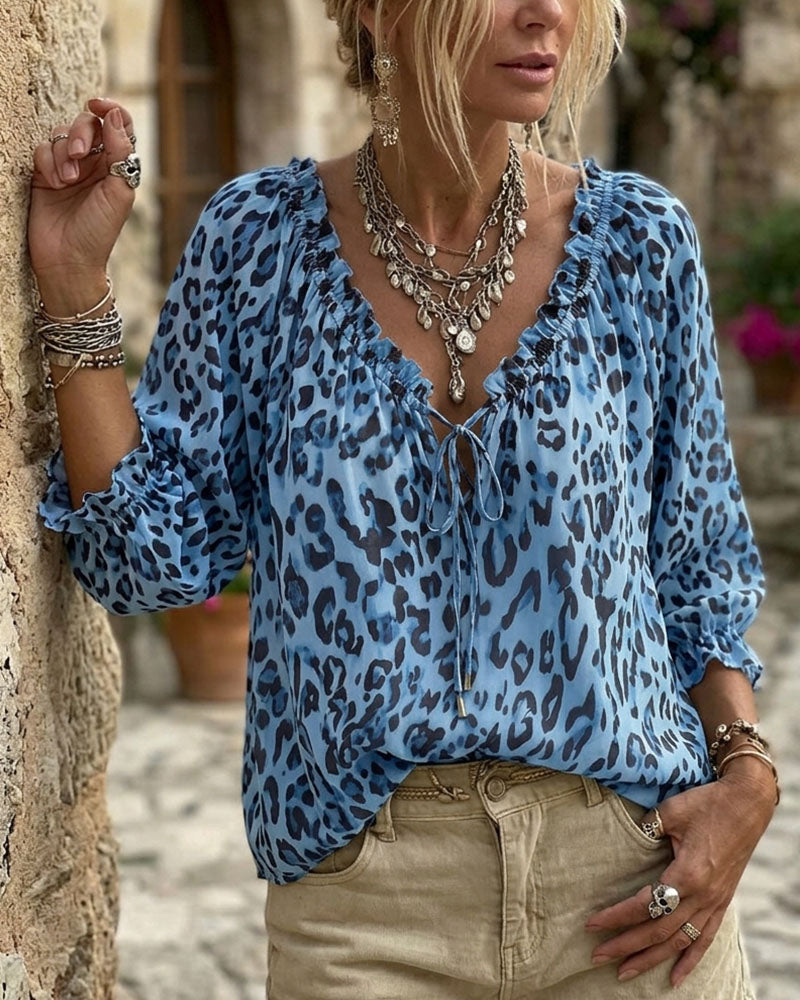 Leopard Print V-Neck Puff Sleeve Lace-Up Blouse