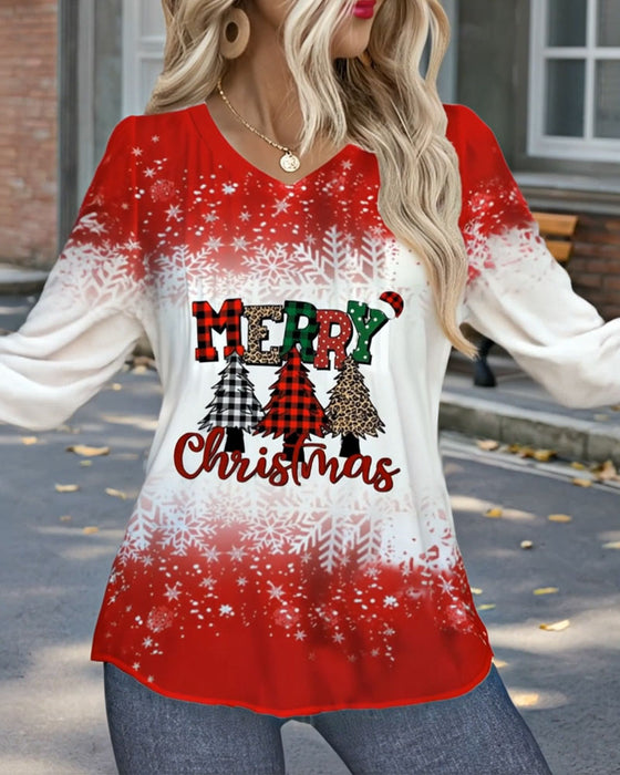 V-Neck Christmas Tree Print Long Sleeve Top