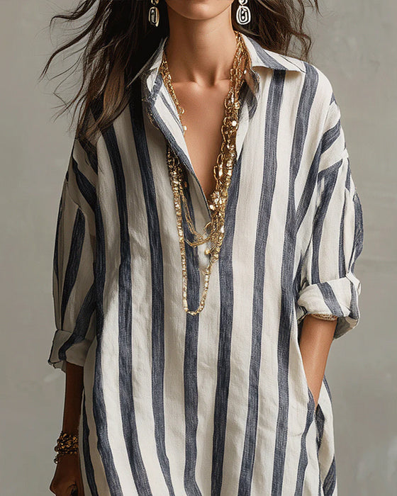 Lapel Collar Striped Dress