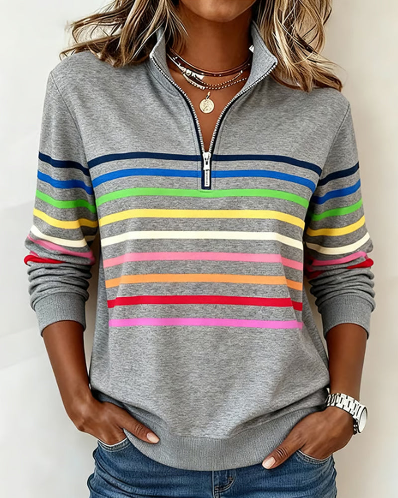 Half-Zip Collar Fashionable Rainbow Striped Sweatshirt
