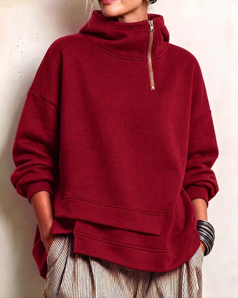 Turtleneck Zip Irregular Sweatshirt