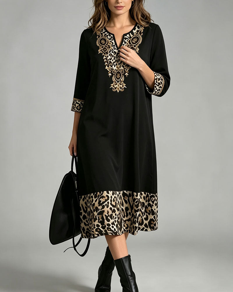 Mini V-Neck Leopard Print Patchwork Loose Dress