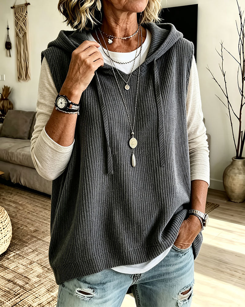 Hooded Ribbed Drawstring Pullover Tank Top