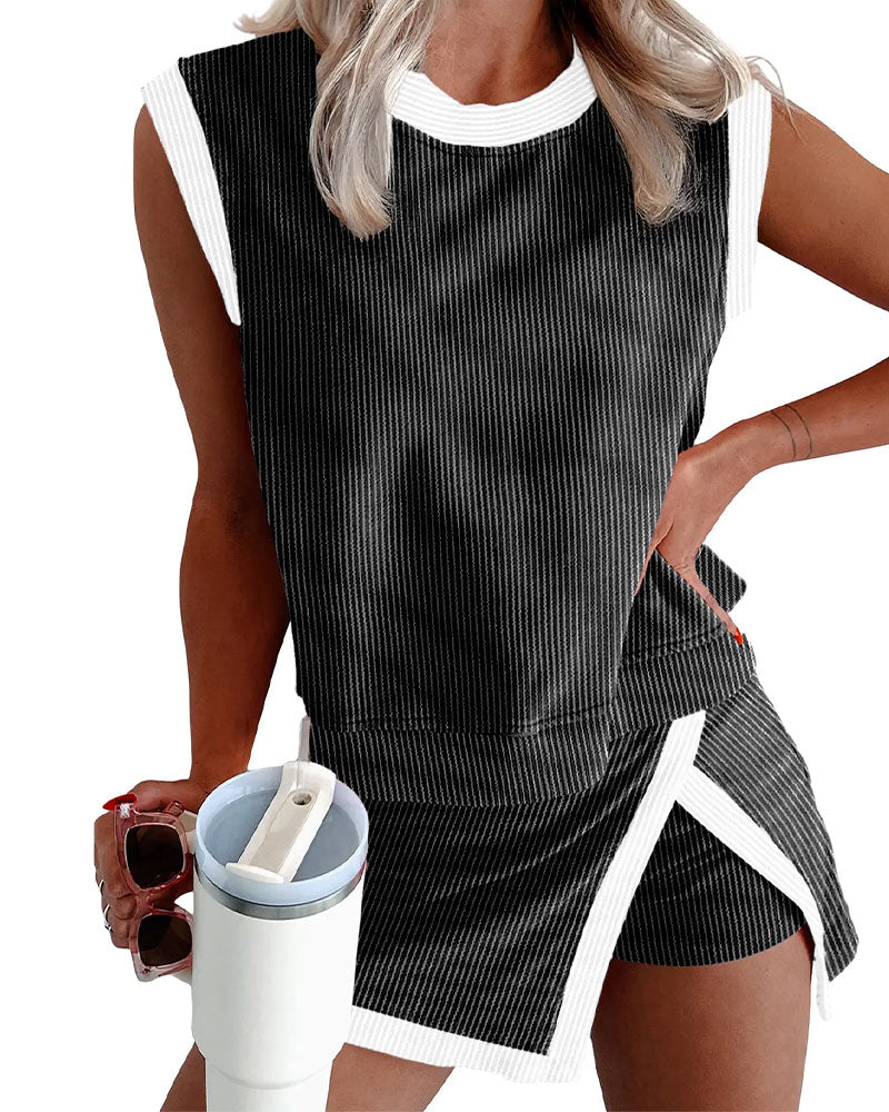 Striped Split Anti Exposure Tank Top Set